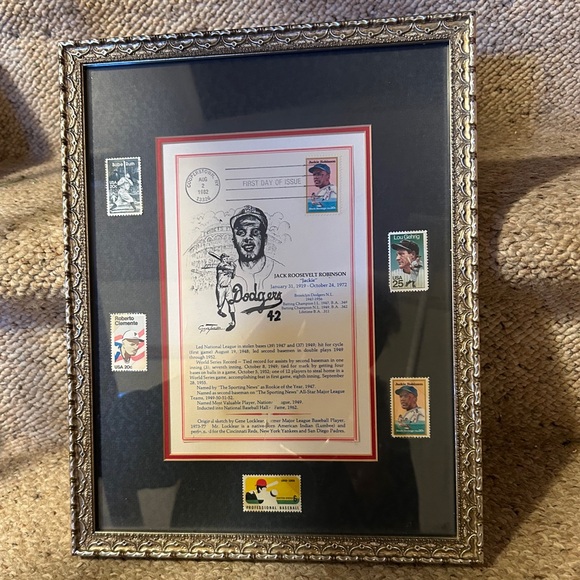 Framed Jackie Robinson Art Print with Commemorative Stamps